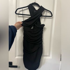 Black cross neck halter mini dress